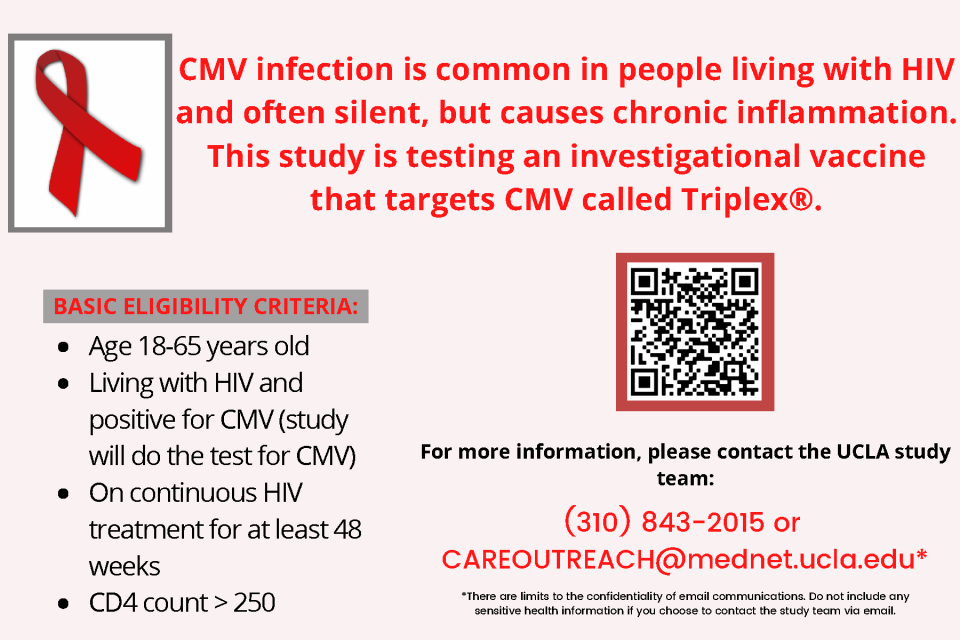 UCLA flyer recruiting HIV-positive adults for a CMV vaccine study, with eligibility criteria, QR code, and contact phone and email.