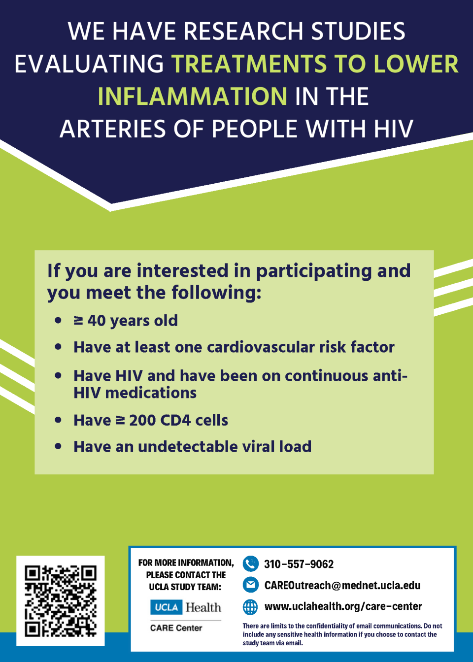 A flyer with green and blue diagonal stripes about research studies to lower inflammation in the arteries of people with HIV.