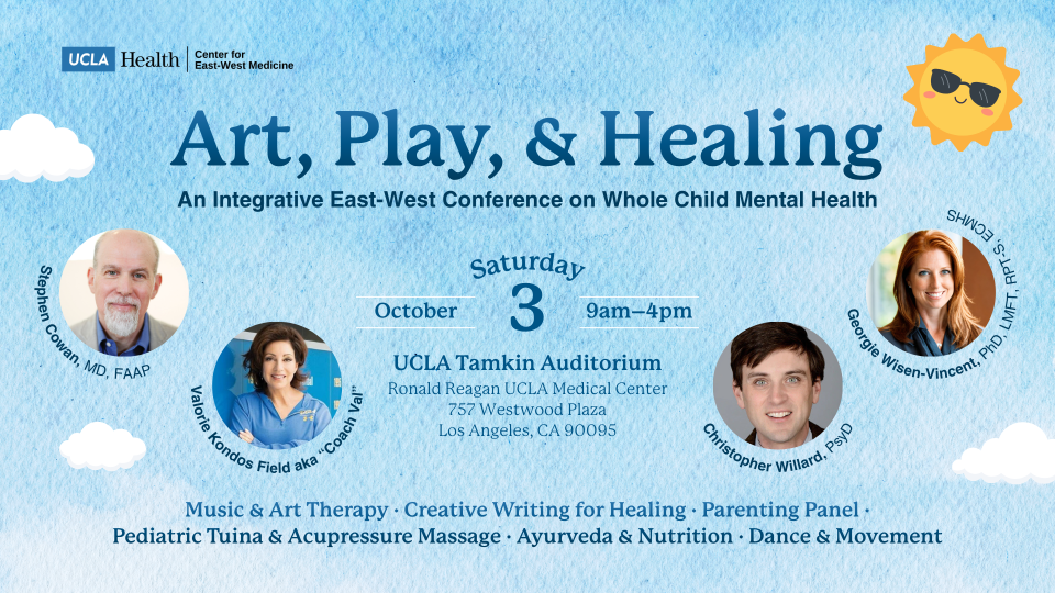 Art, Play, & Healing conference banner — Saturday Oct 3 at UCLA with featured speakers