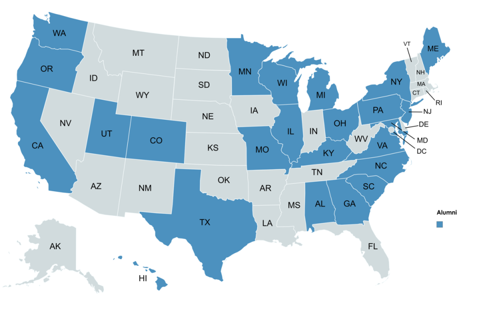 Alumni map with abbreviations