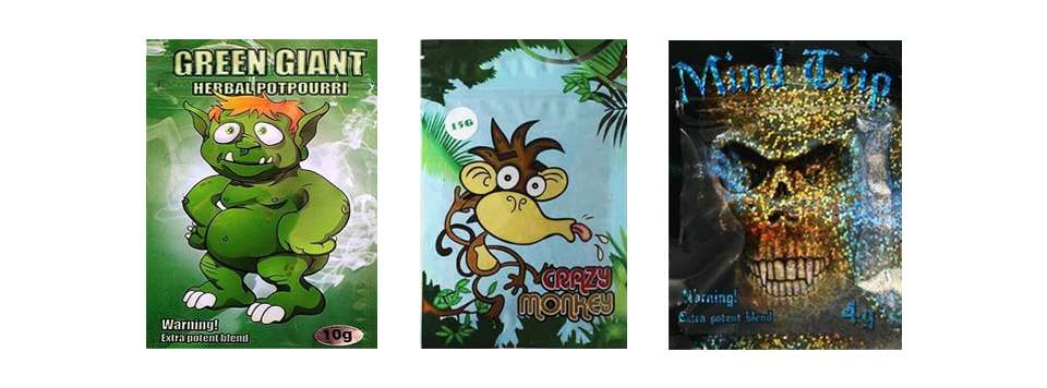 Examples of synthetic cannabinoid brands and packaging