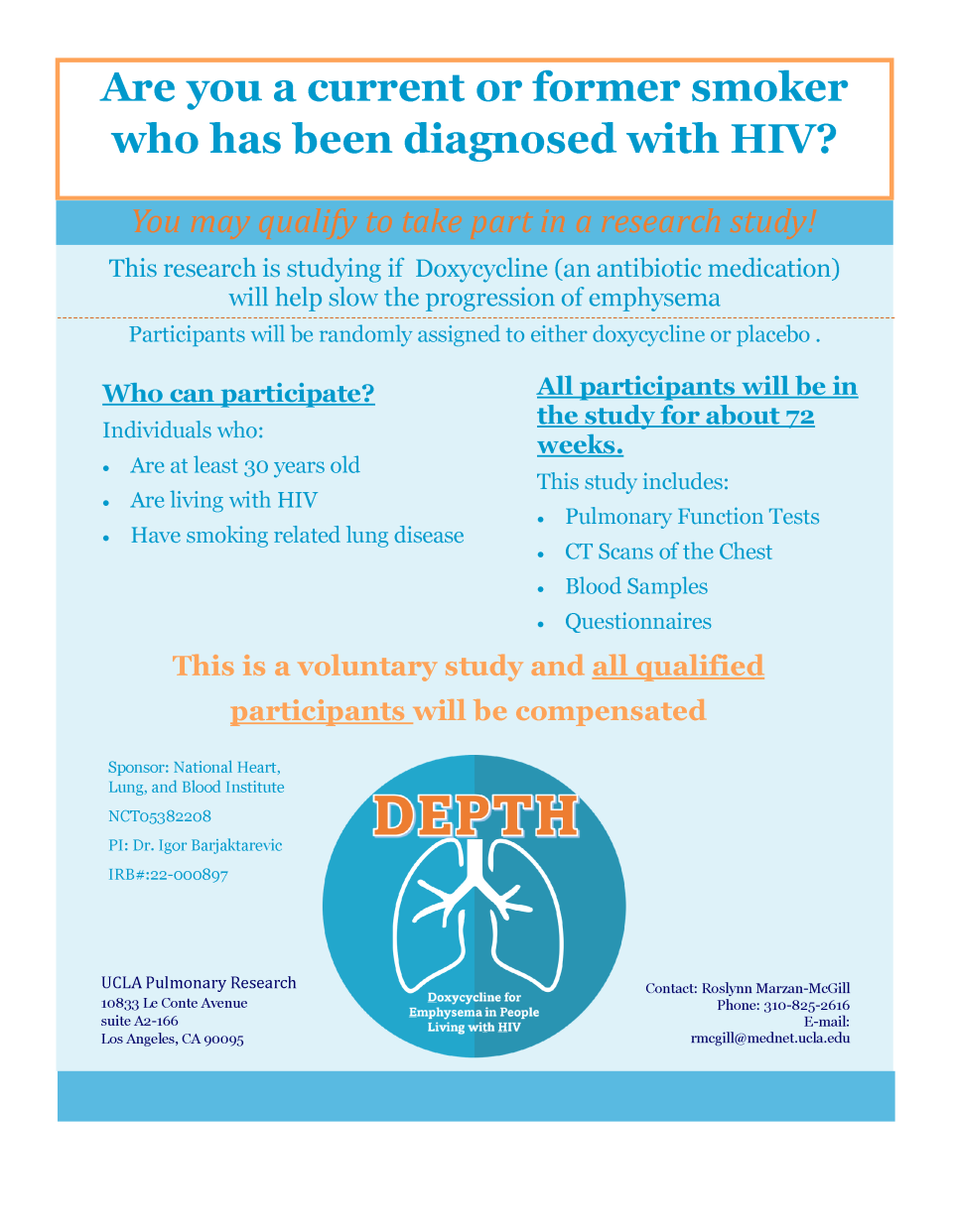 A blue flyer with text about a research study for smokers with HIV and emphysema. It includes study details and a contact person's information.