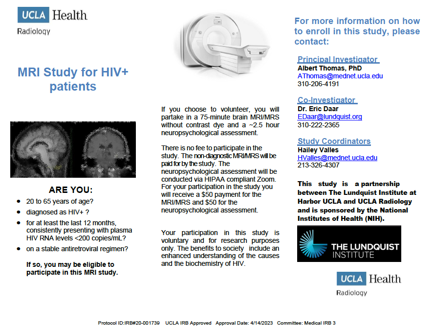MRI Study Patients Flyer with information how to be eligible to participate and who to contact to enroll