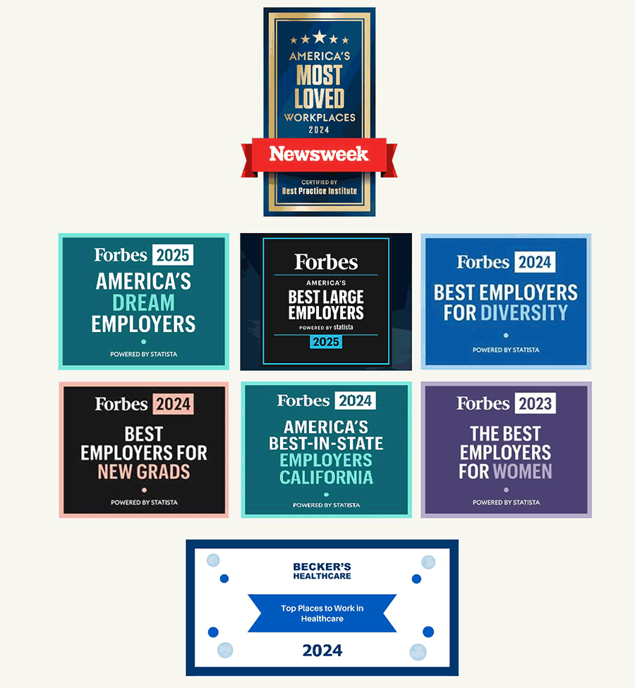 Awards from Newsweek, Forbes, and Becker’s Healthcare recognizing top workplaces for diversity, women, new grads, and large employers from 2023–2025.