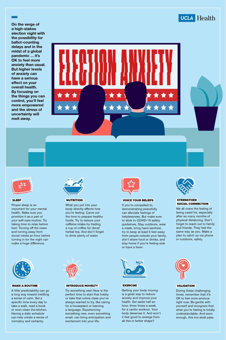 A man and a woman sit on a couch watching a TV that says "ELECTION ANXIETY." The text on the left provides tips for coping with anxiety.