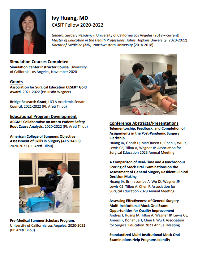 Ivy Huang resume showing her simulation courses completed, grants, education program development, and conference abstracts/presentations.