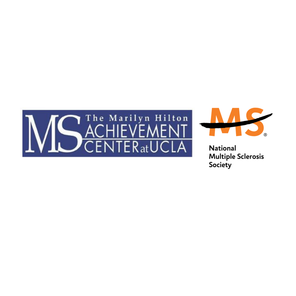 Purple Logo stating "The Marilyn Hilton MS Achievement Center" next to another orange and black logo stating "MS National Multiple Sclerosis Society"