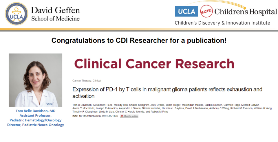 A smiling female doctor is on the left. The text on the right announces a publication in "Clinical Cancer Research" by the David Geffen School of Medicine.