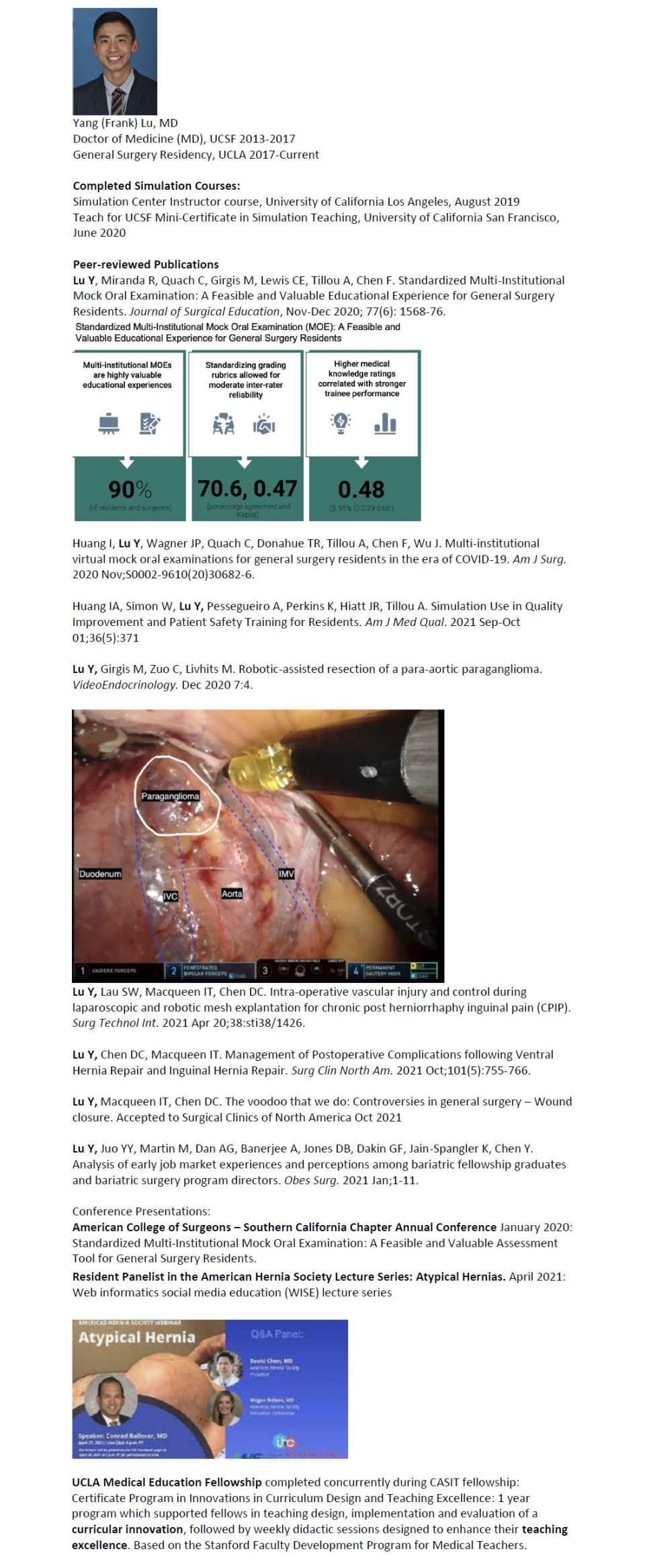 CASIT Fellow Frank Lu, MD paper showing completed simulation courses, peer-reviewed publications, and conference presentations.