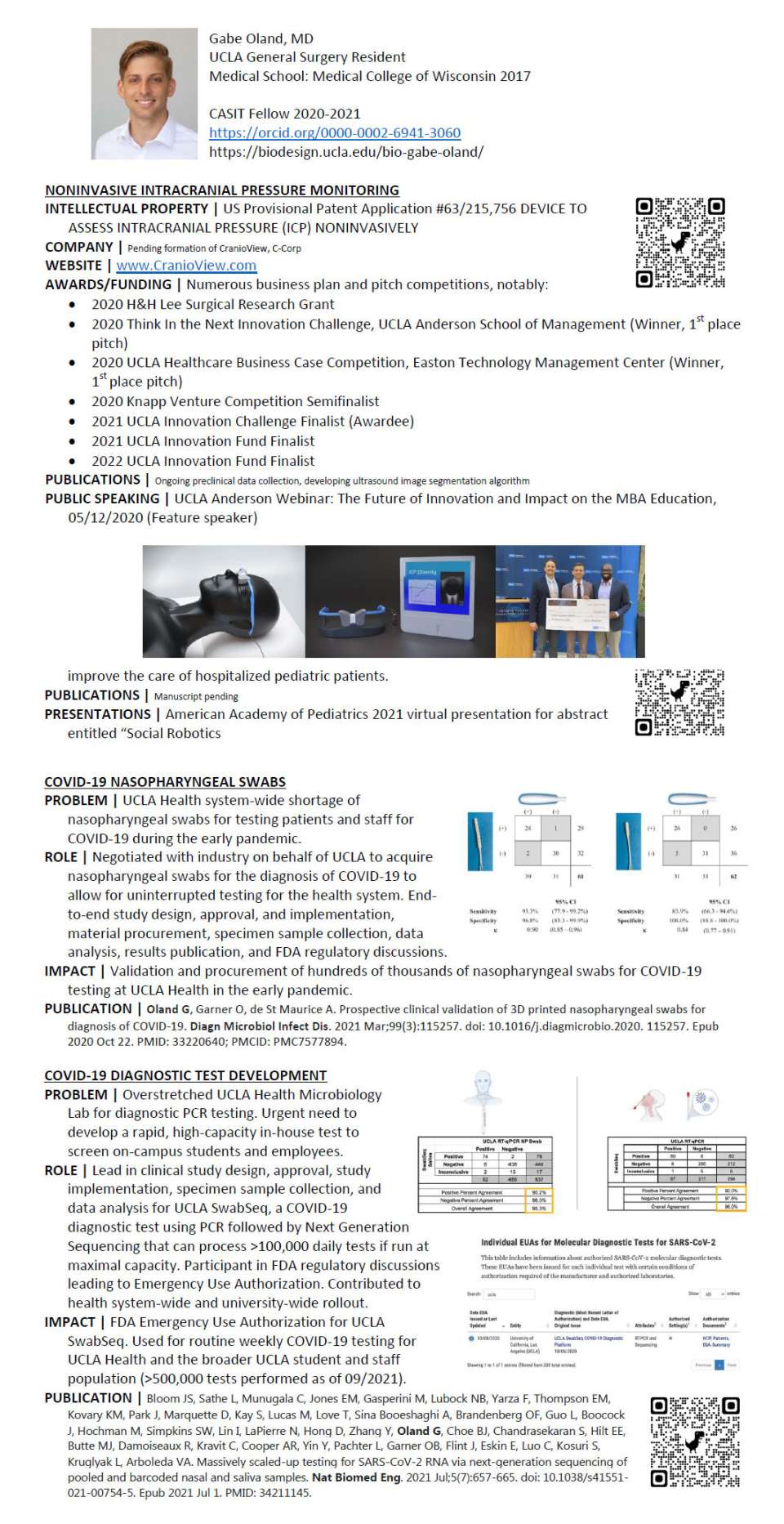 Gabe Obland's medical resume: noninvasive intracranial pressure monitoring, nasopharyngeal swabs, and COVID-19 diagnostic test development.