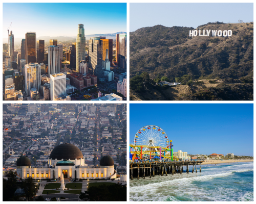 Collage of iconic Los Angeles landmarks, including the Hollywood Sign, Griffith Observatory, downtown Los Angeles, and Santa Monica pier.