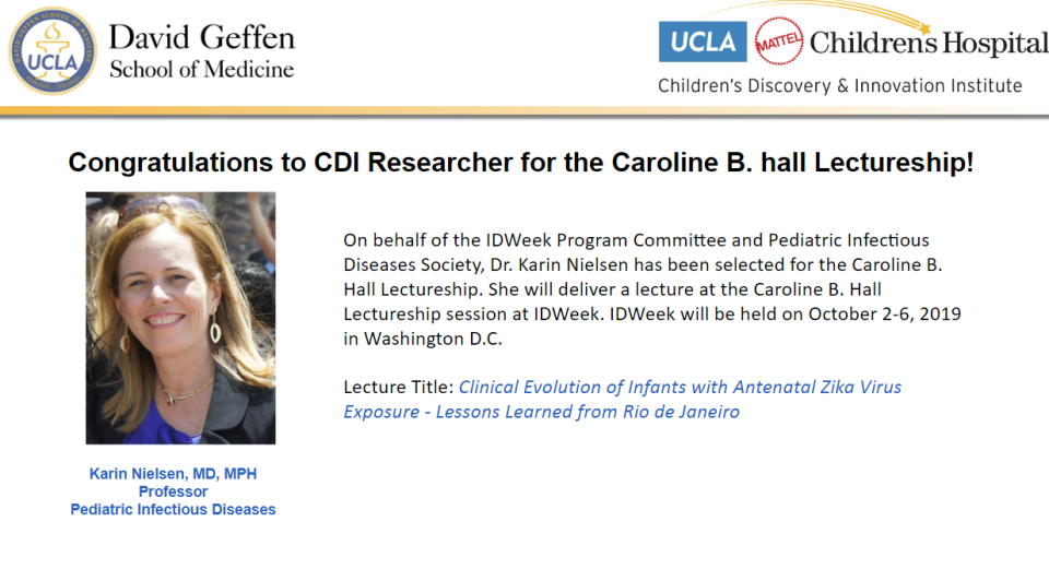 Flyer stating that Dr. Karin Nielsen has been selected for the Caroline B. Hall Lectureship held on October 2019.