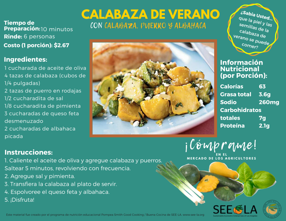 Colorful Spanish-language recipe card for summer squash, featuring ingredients, steps, and cooking tips in graphic format.