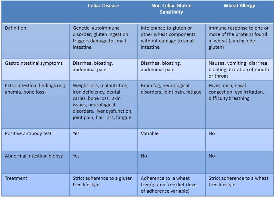 Table comparing gluten-related disorders