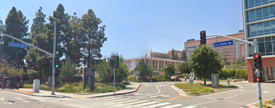 Street view of the Tiverton Av and Le Conte Av intersection outside of the UCLA building