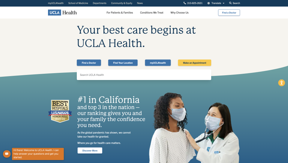 Screenshot of UCLAHealth.org Homepage with the caption "Your best care begins at UCLA Health."