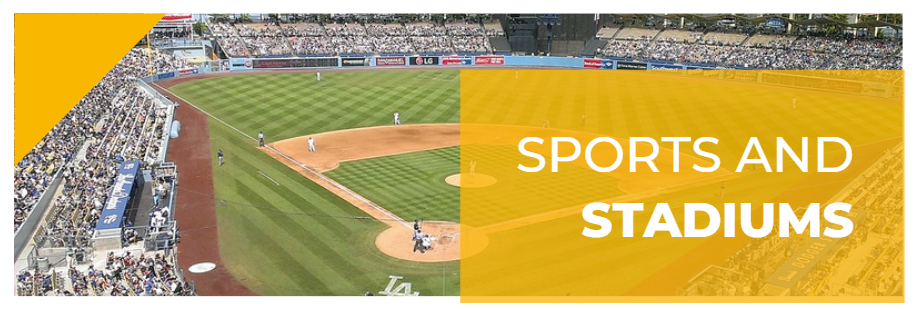 View of a packed baseball stadium during a game, with "SPORTS AND STADIUMS" written in bold white text over a yellow transparent overlay.