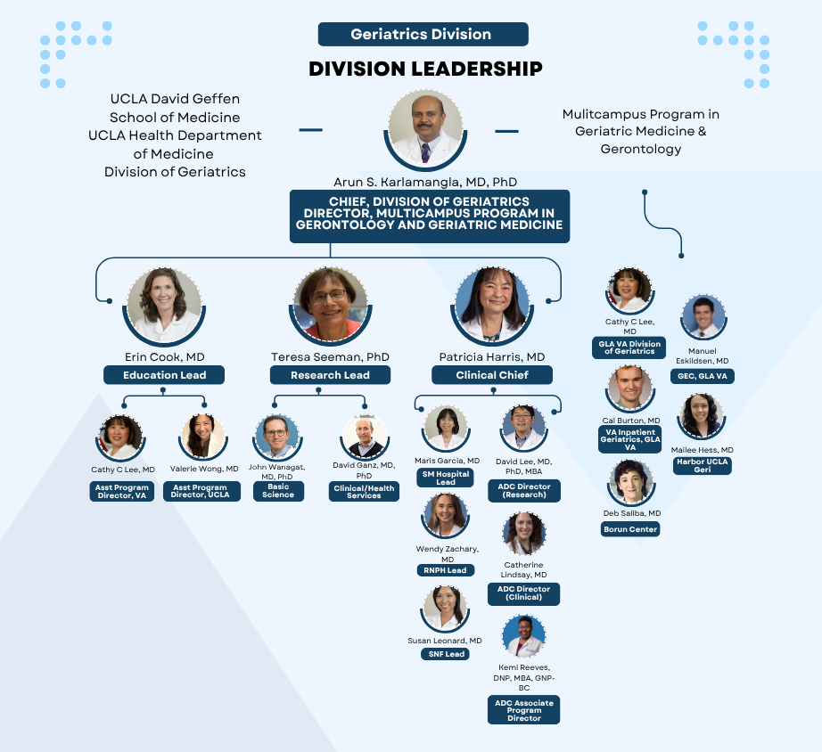 A chart with the names and headshots of all leadership roles in the department of geriatrics