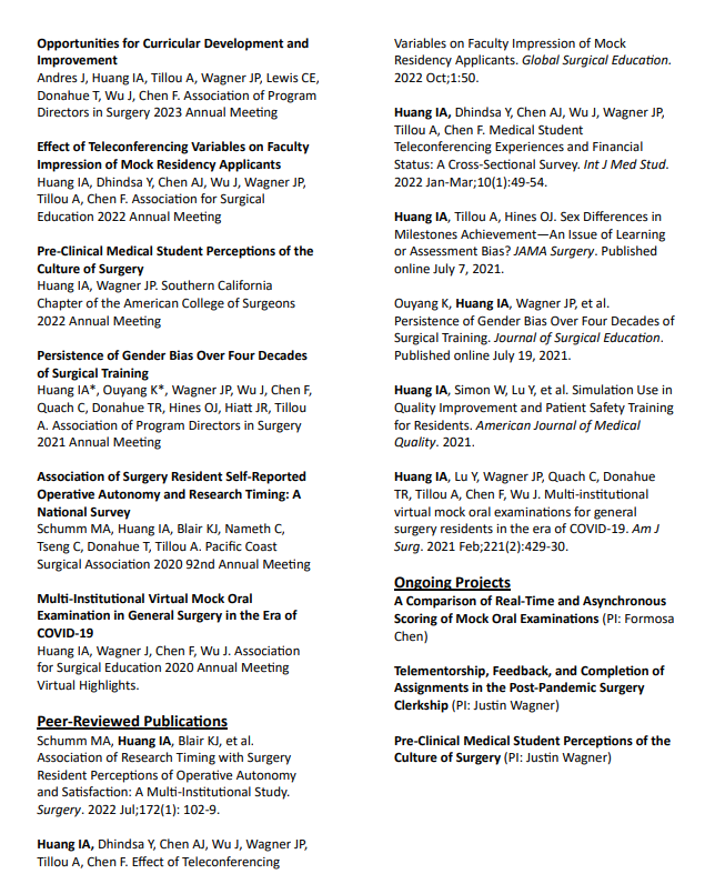 Ivy Huang experience document, showing peer-reviewed publications, ongoing projects, etc.