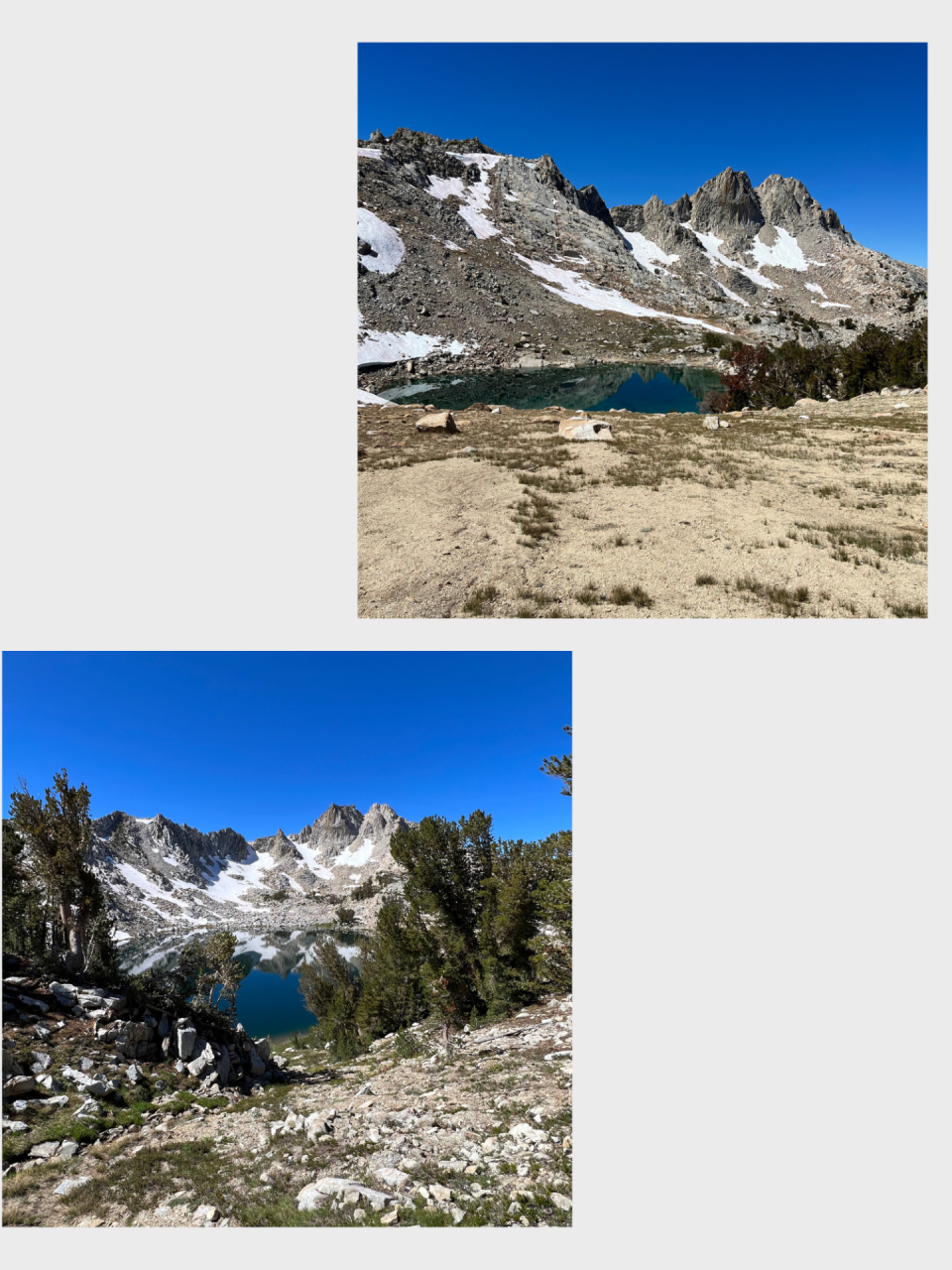 Views of alpine lakes and snowy peaks along Silver Pass and Vermillion Valley Ranch during a backpacking trip.