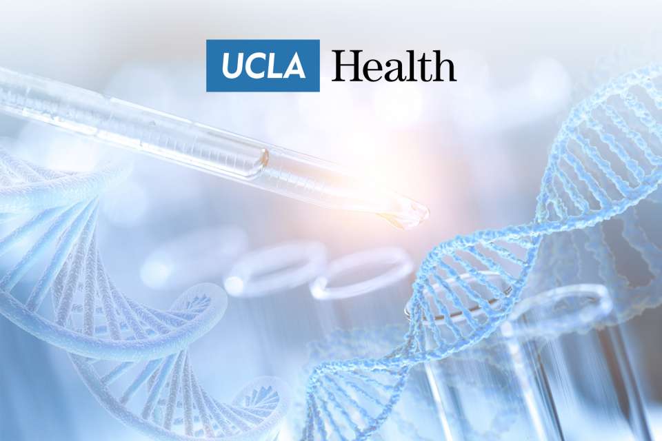Droplet pipette near test tubes and DNA strands with UCLA Health logo.
