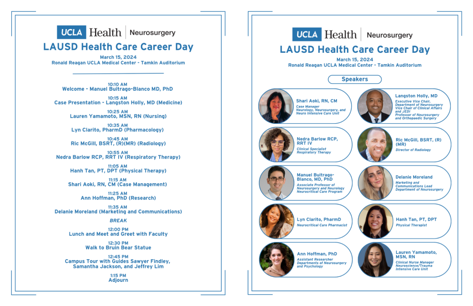 flier for LAUSD-UCLA health care career day with an agenda and headshots of speakers
