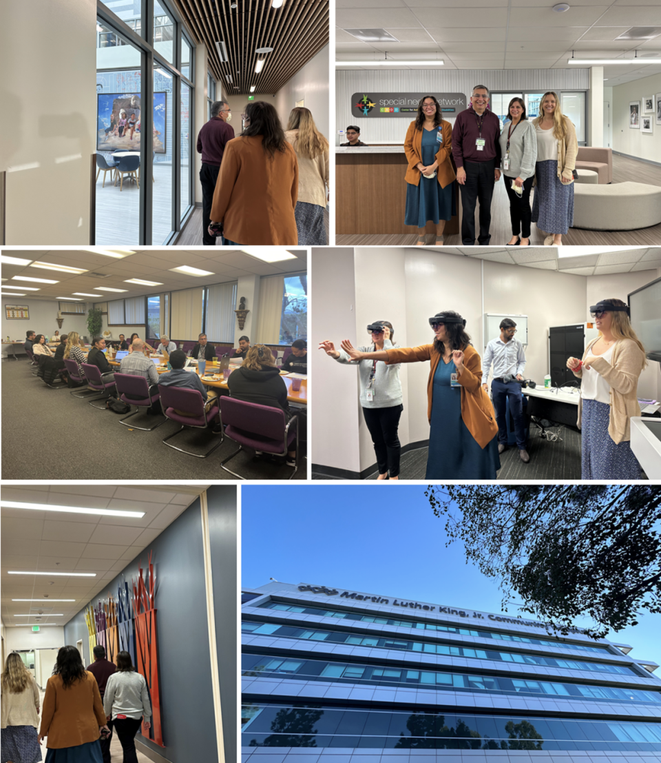  Campus visit showing people in hallways, a meeting, and using VR headsets, plus an exterior building shot.