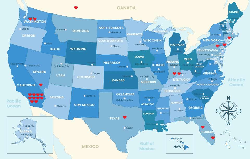 A color-coded map of the United States highlighting various states.