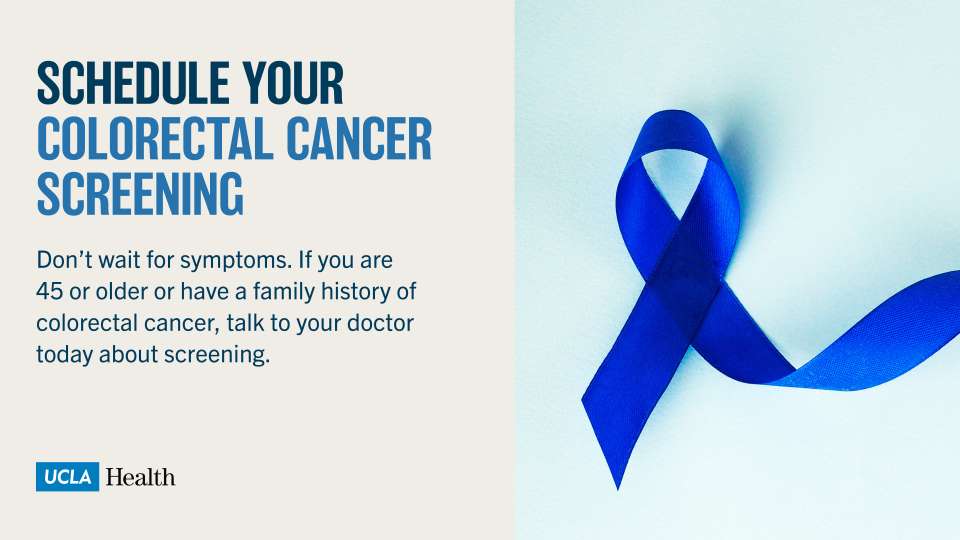 Colorectal cancer blue ribbon with the quote 'Schedule your colorectal cancel screening' next to it