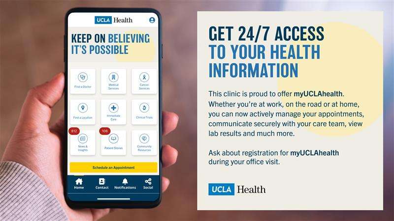 Hand holding a phone showcasing the UCLA Health app with the quote 'Get 24/7 access to your health information'