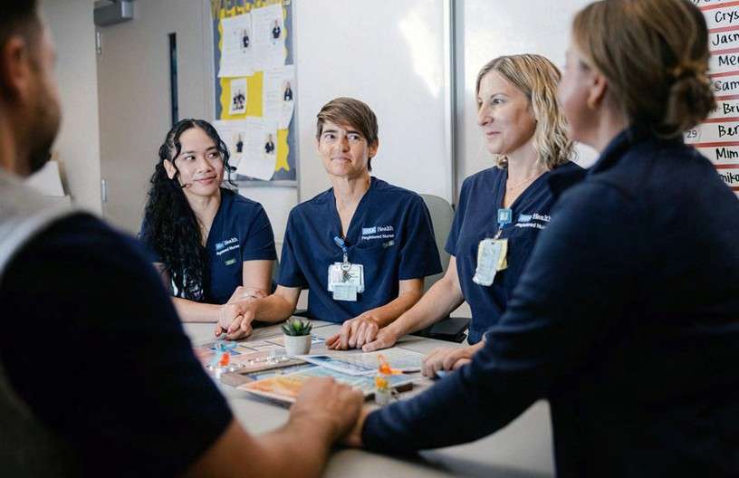 Four women in scrubs engaged in a discussion around a table.