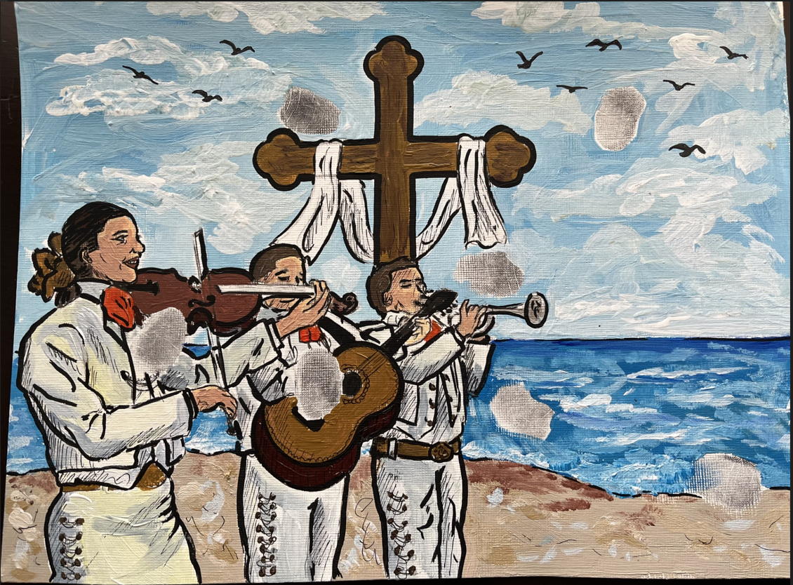 A painting depicts three mariachi musicians playing by the sea, with a cross centered in the scene. Painted by Lisa Sim
