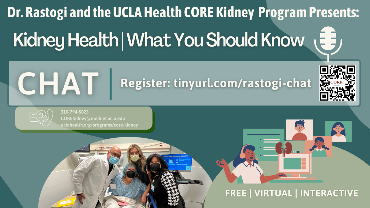 Graphic promoting a virtual chat about kidney health with images of people and a microphone.