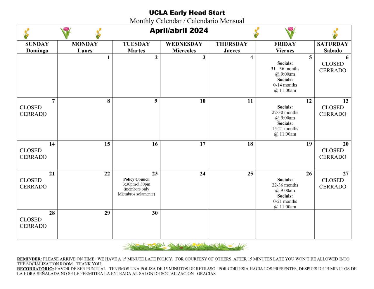 Head Start calendar of events - April