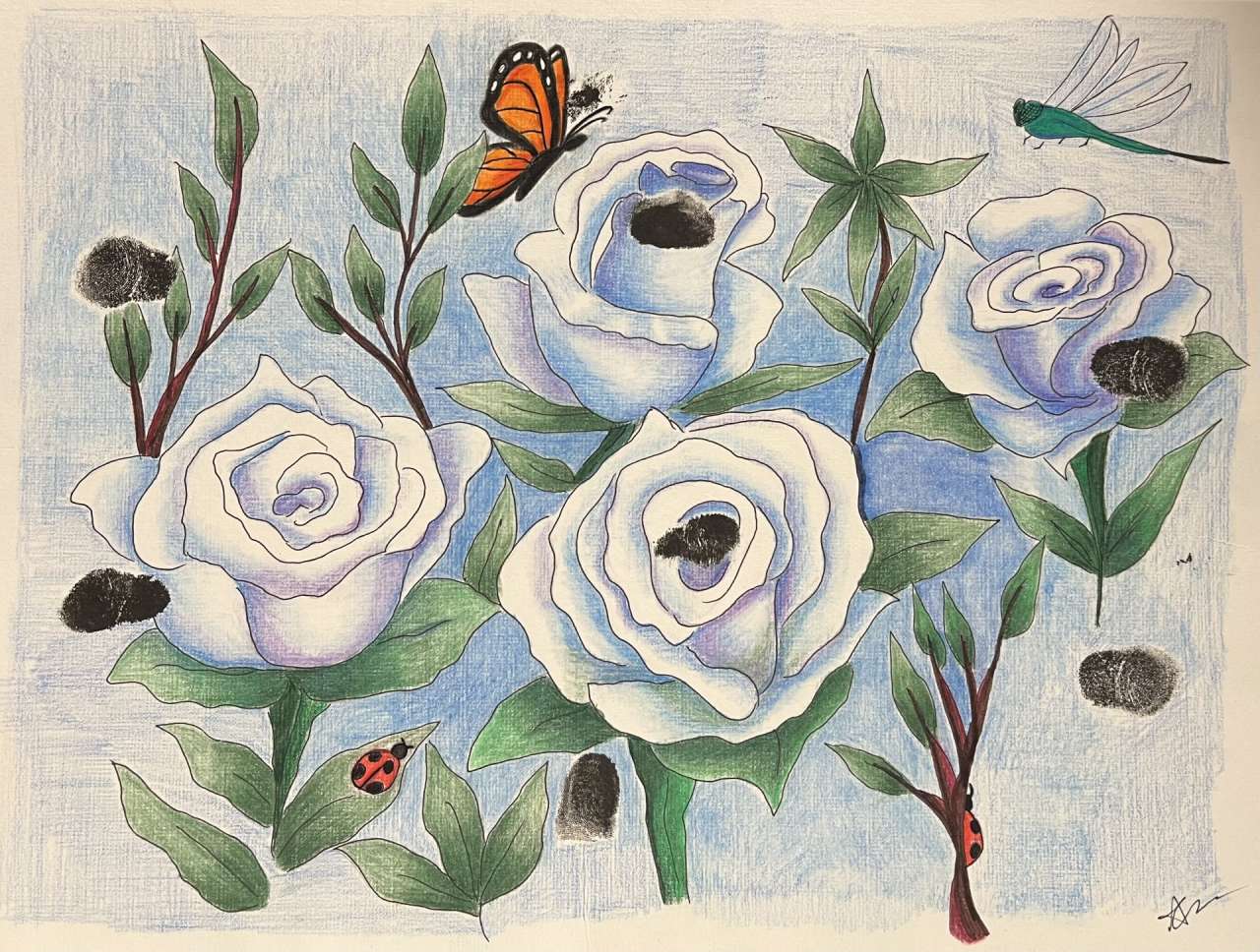 Fingerprint painting of white roses with green leaves, a butterfly, some lady bugs, and a lacewing.
