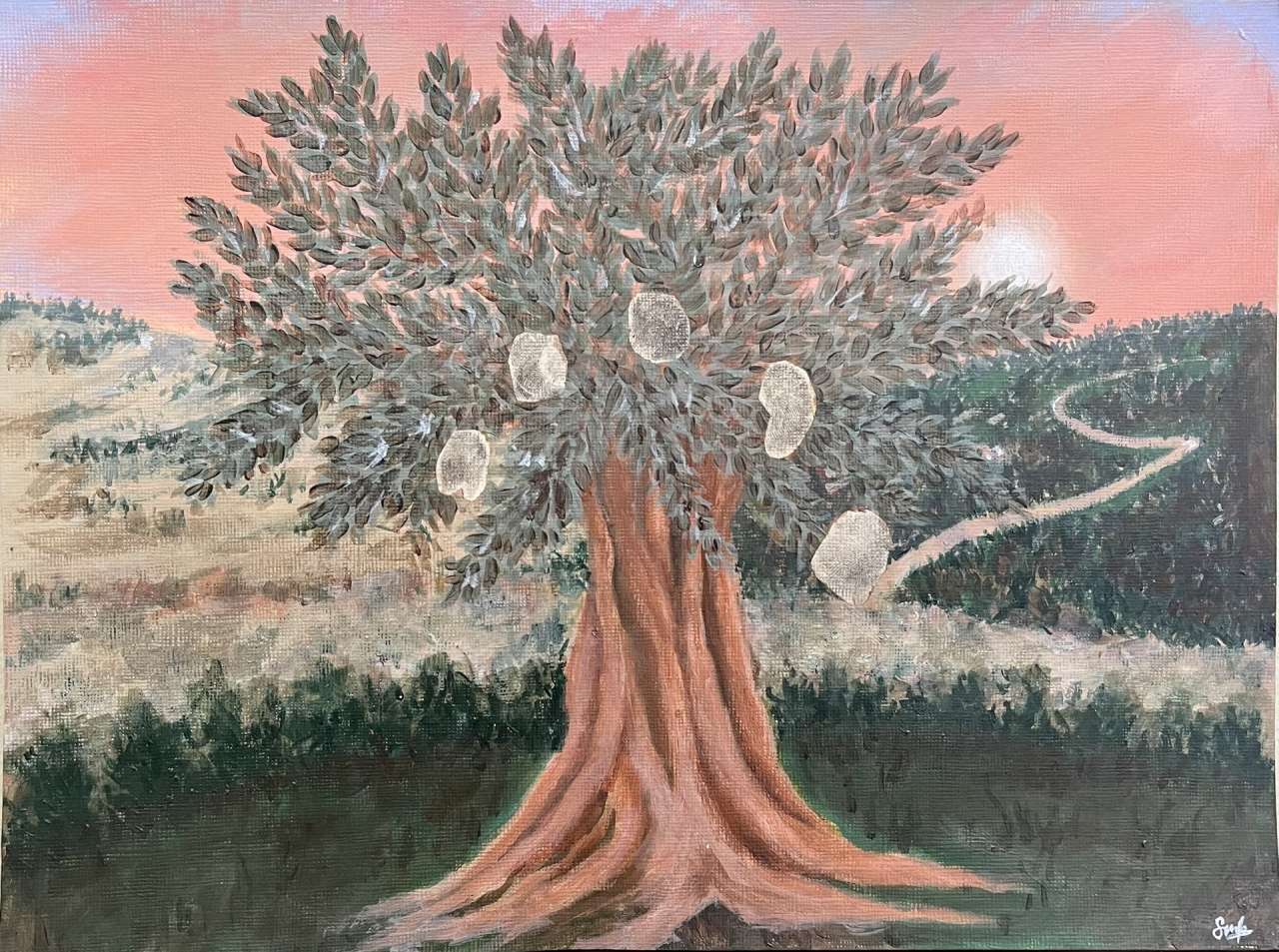 Fingerprint painting of an olive tree, on a green field, and an orange sunset behind.