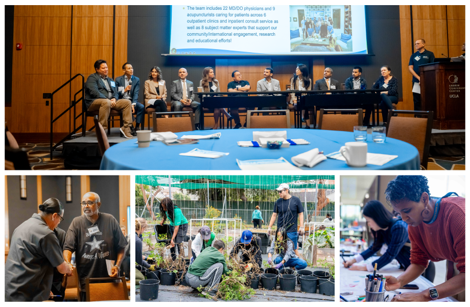 Panel discussion with attendees and three scenes of community workshops: gardening and repairs