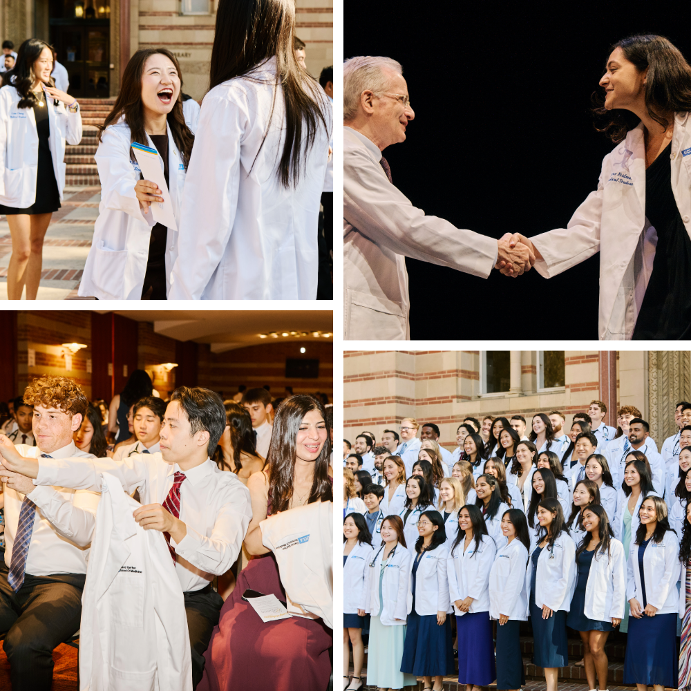 Students receiving and celebrating in white coats at a ceremony