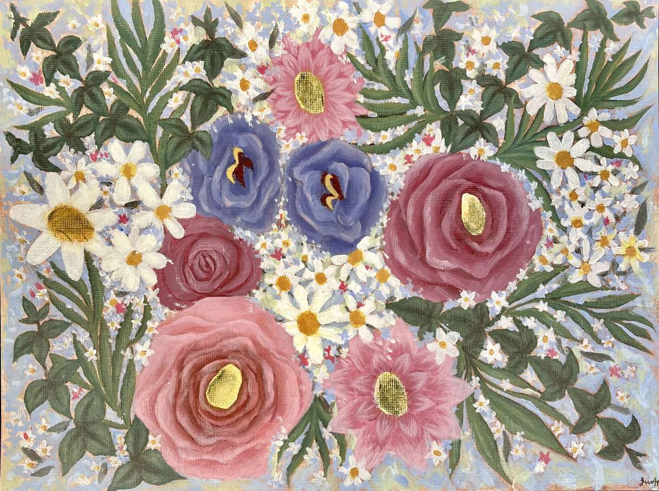 Fingerprint painting of pink, red, purple, and white flowers.