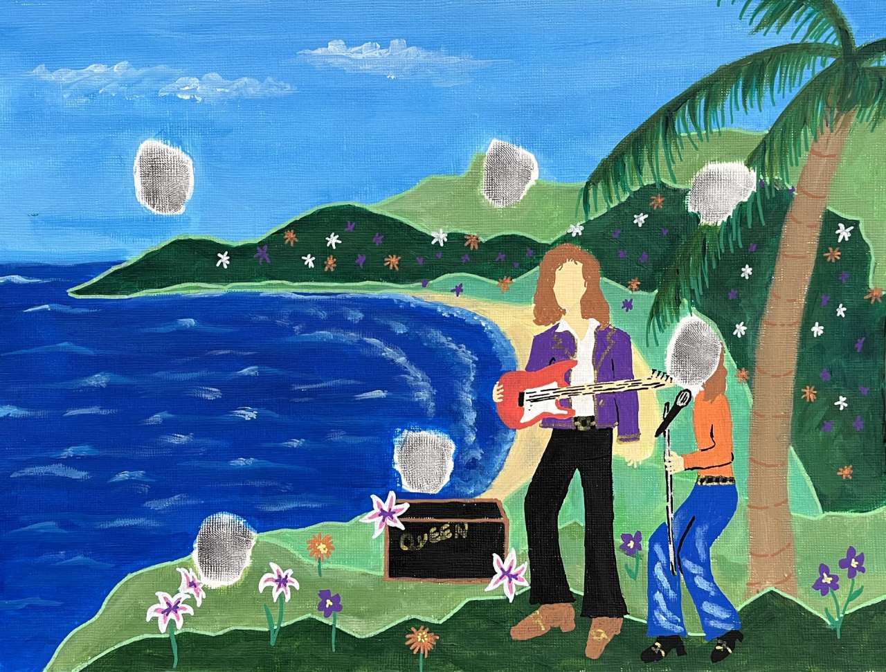Fingerprint Painting of two musicians, a singer and a guitar player, with a speaker standing on top of a beach cliff with grass and flowers.