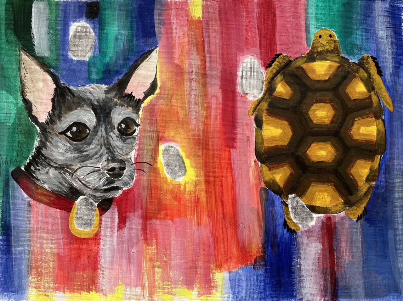 Fingerprint painting, a small gray dog and a turtle side by side, with a background full of stripes with different colors.