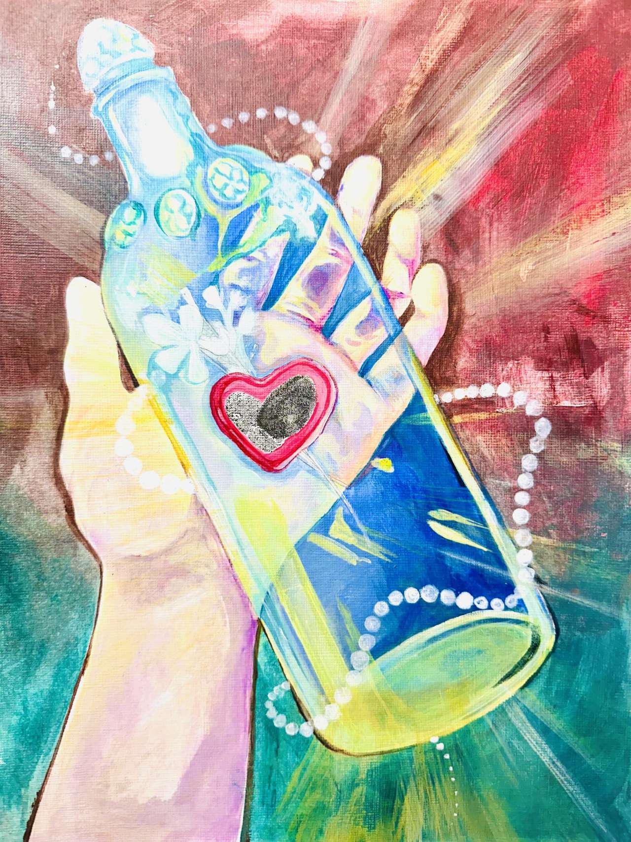 A painting of a hand, holding a glass bottle with a small heart inside and a background with a lot of colors