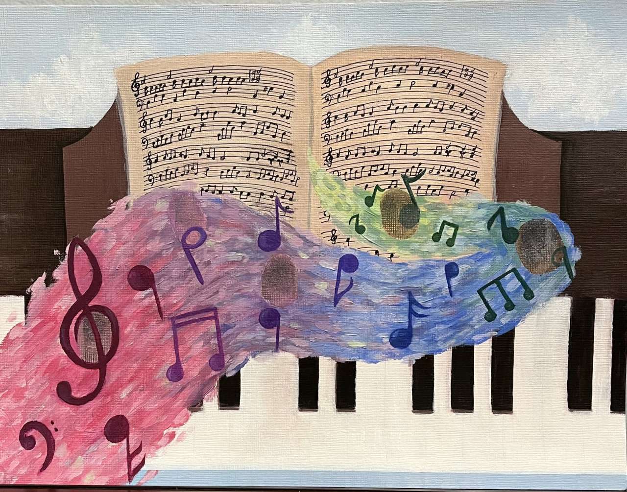 Painting of a close-up piano, with an overlap of music symbols, a musical score behind it, and a sky with clouds in the background.