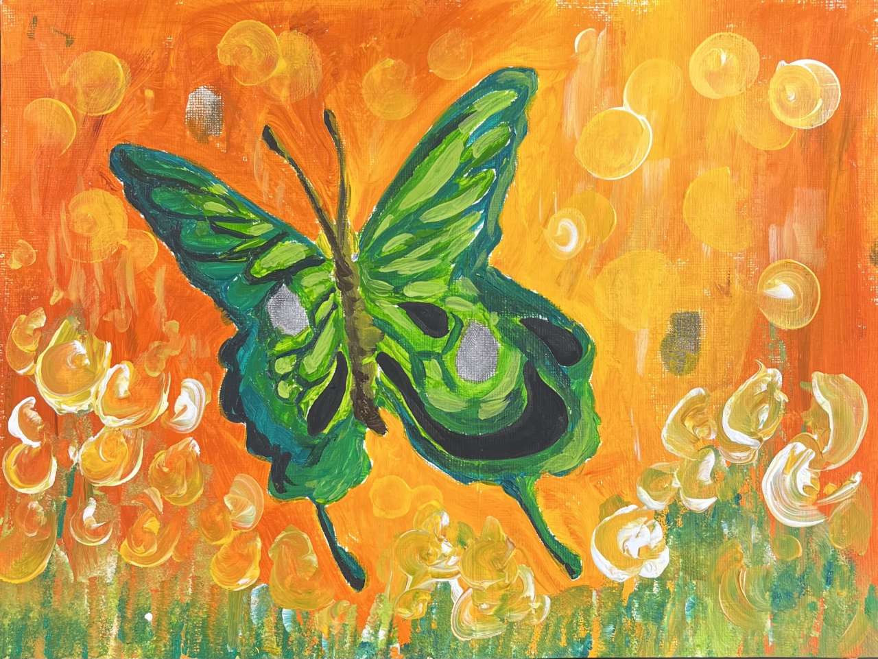 Fingerprint paint of a green butterfly with an orange background and green grass under by Lisa Sim.
