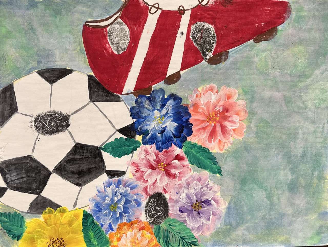 Fingerprint Painting of a black and white soccer ball, a red cleat, and some flowers.