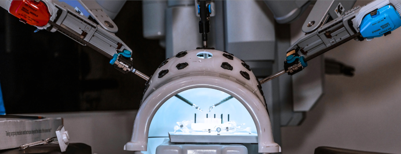 Image showcasing surgical simulation technology, with a focus on a digital interface and medical equipment used for training in surgical procedures.