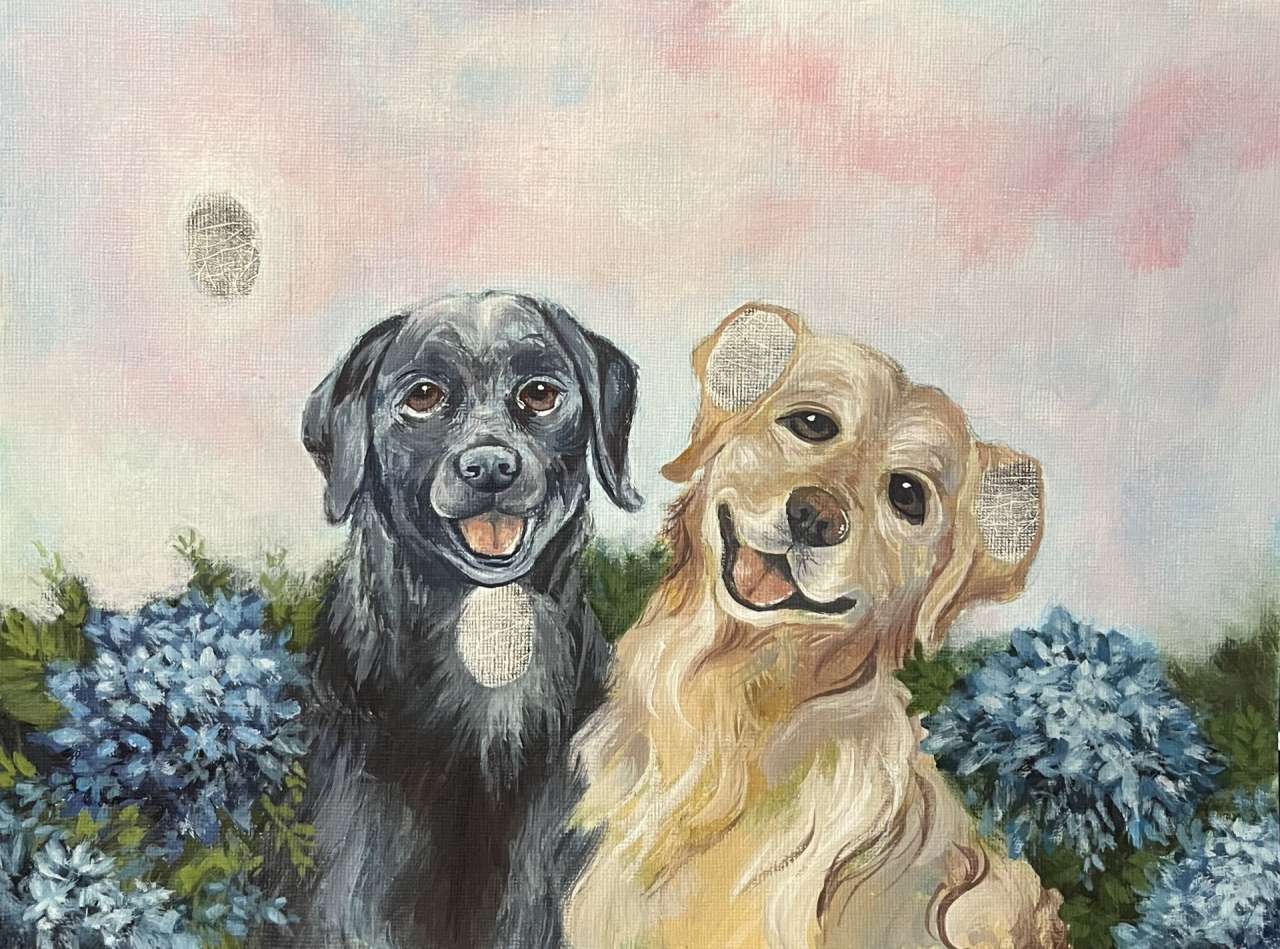 Fingerprint painting of two dogs, a black one and a beige one, with flowers behind.