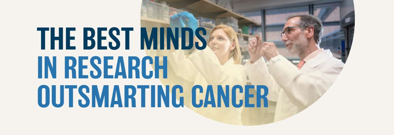 Researchers collaborating in a lab with a headline about outsmarting cancer.