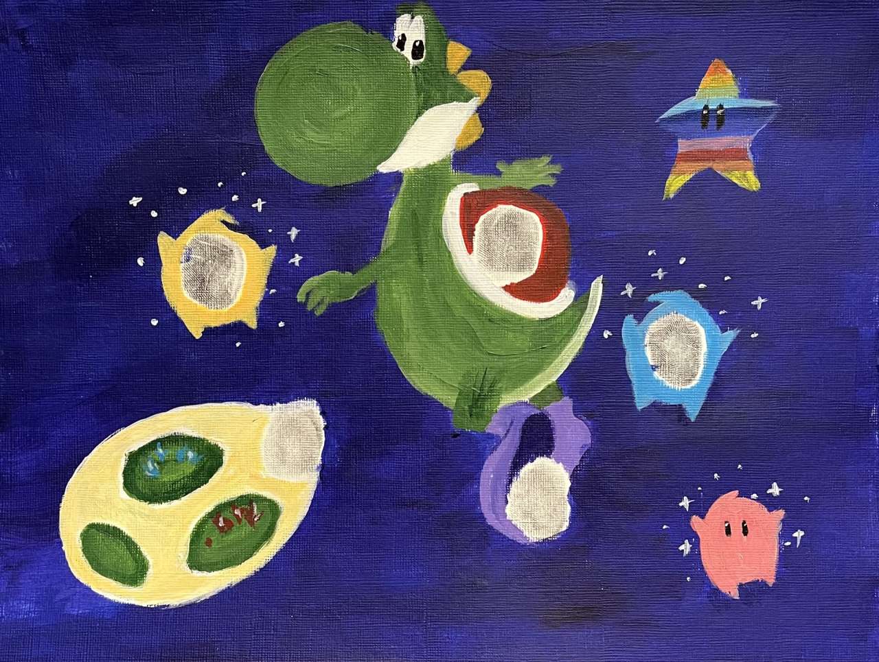 Fingerprint painting of Yoshi, from super Mario Bros, surrounded by color stars and a turtle shell by Emily Jiang.