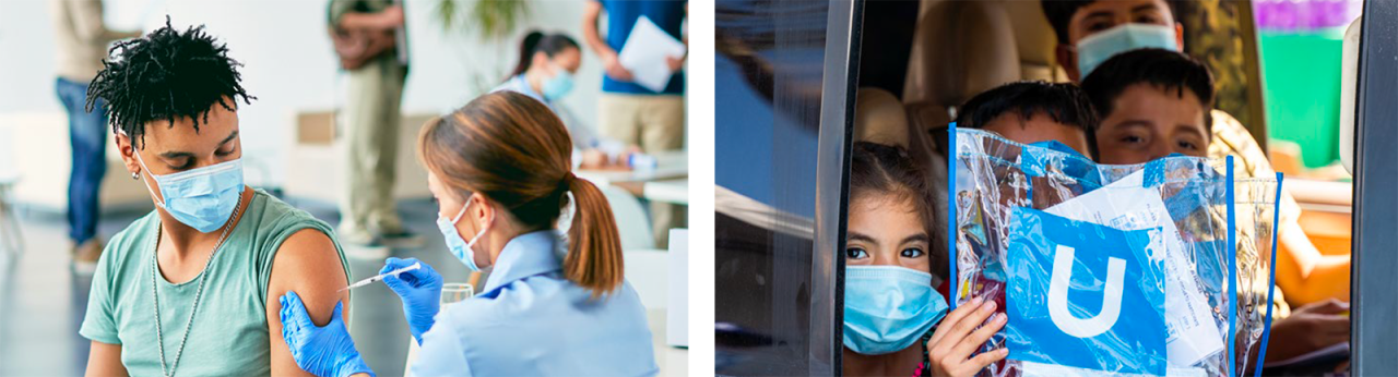 a person wearing a mask receiving a vaccine from a nurse with two children holding a UCLA bag